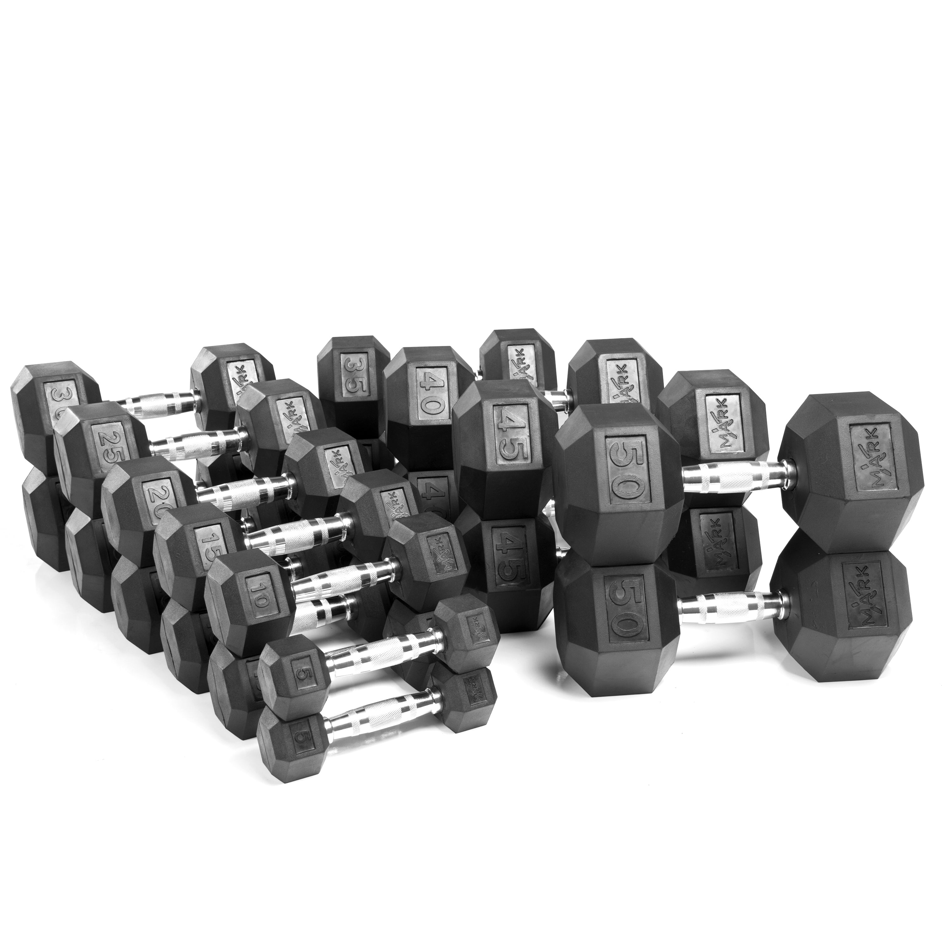 5 to 50 lbs., 10 Pairs Rubber Hex Dumbbells with Sure-Grip Handles