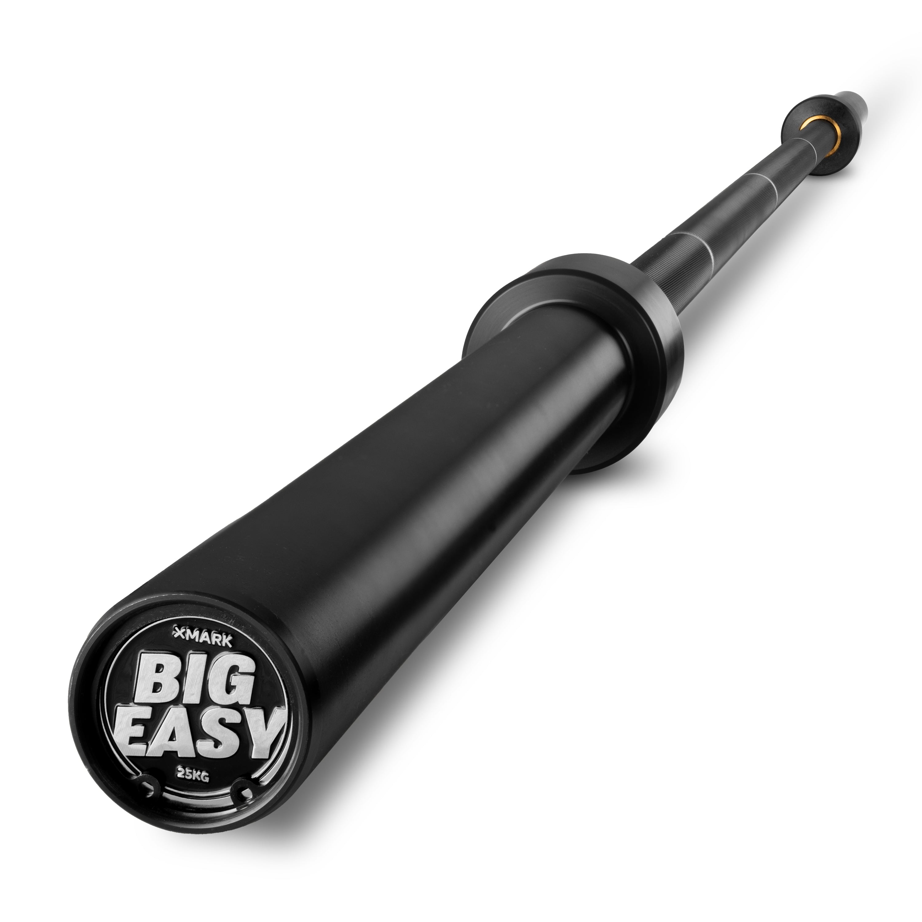  Black Barbell with end cap that reads "Big easy"